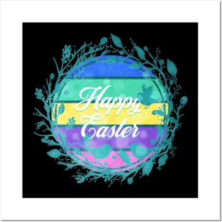 Happy Easter Retro Sunset Floral Frame Posters and Art